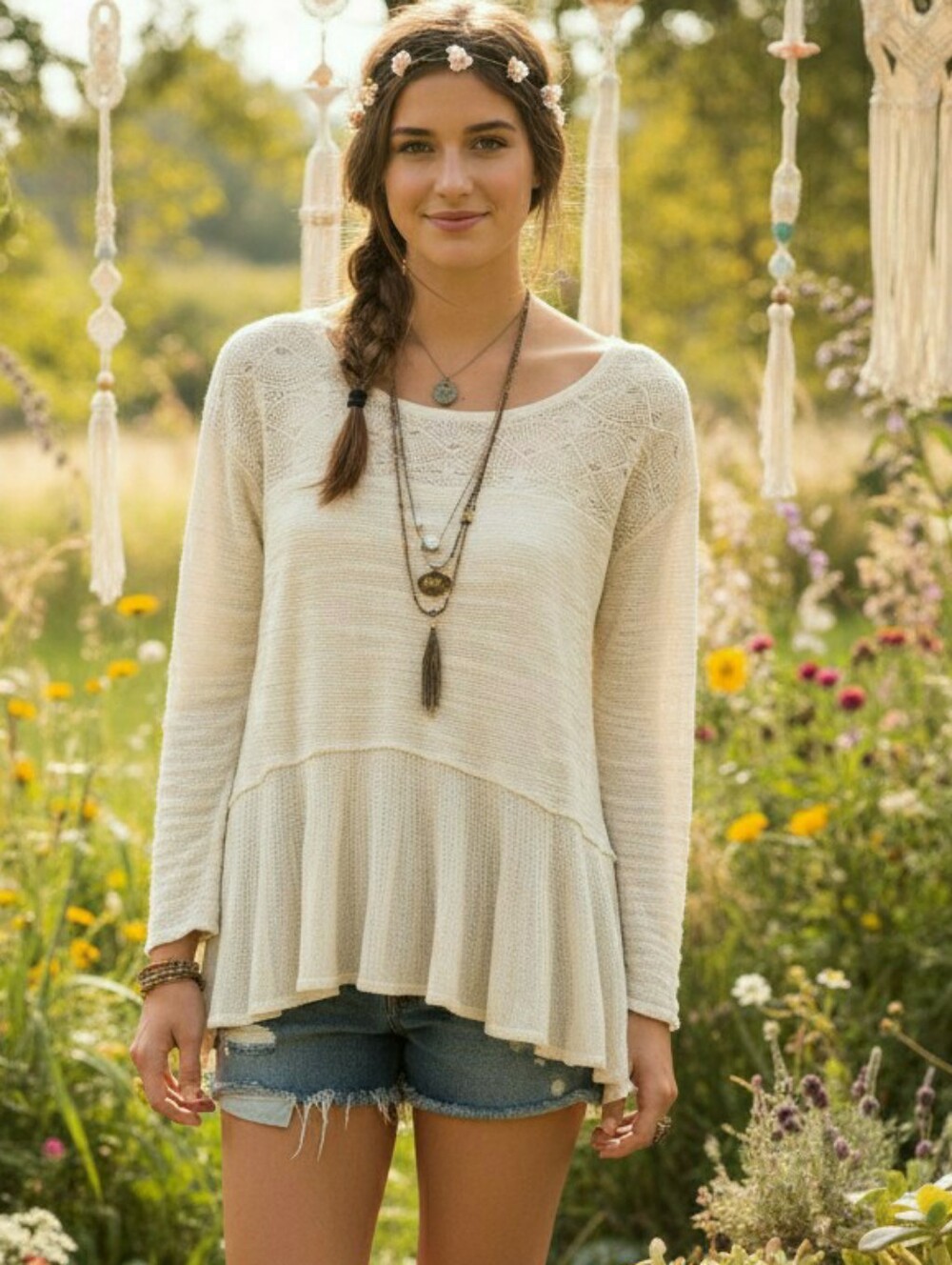 Free People Boucle Knit Ivory Ruffle Bottom Lace Insert Top